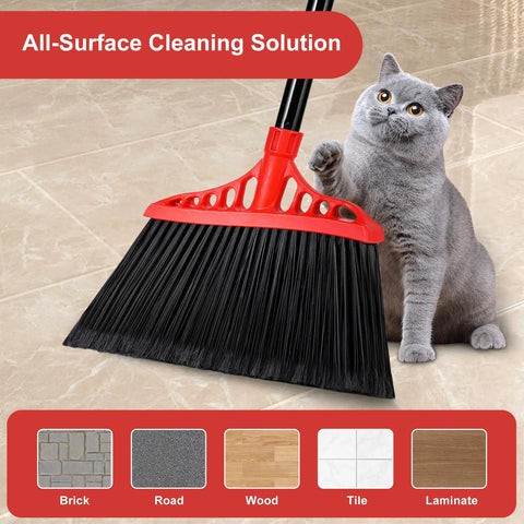 Beefy Heavy Duty Angle Broom with 55 Inch Adjustable Iron Handle and Stiff Bristles near a cat on a tile floor