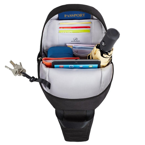 Open view of Anti Theft Sling Bag With Locking Zippers, Slash Resistant Panels, RFID Blocking Slots filled with travel items.