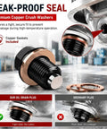 Universal M14 X 1.5 Magnetic Oil Drain Plug With Crush Washer Gaskets For Most Cars, CNC Aluminum Engine Oil Pan Bolt Kit That Traps Debris And Stops Leaks Like A Boss., black aluminum oil drain plug with copper crush washers sealing an engine oil pan