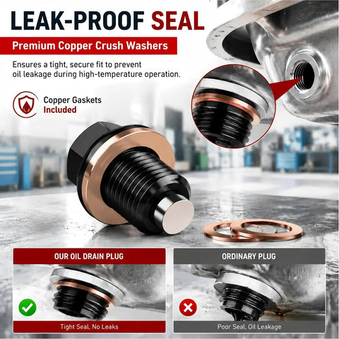 Universal M14 X 1.5 Magnetic Oil Drain Plug With Crush Washer Gaskets For Most Cars, CNC Aluminum Engine Oil Pan Bolt Kit That Traps Debris And Stops Leaks Like A Boss., black aluminum oil drain plug with copper crush washers sealing an engine oil pan