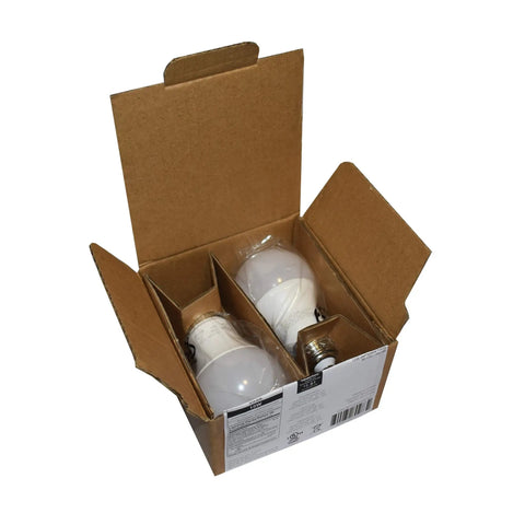 Open box with 2-pack 100W Equivalent A19 LED Bulbs 15W Energy Saving Soft White 2700K E26 Base Non Dimmable 10,000 Hour Lifespan