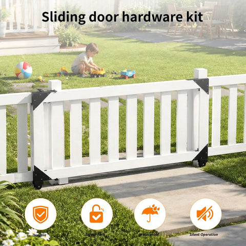Heavy Duty Sliding Gate Kit With Anti Sag Fence Hardware Roll Wheels And Latch Universal Corner Braces For 1 To 2 Inch Wood Gates Smooth And Quiet Rolling Easy DIY Installation on white wood gate