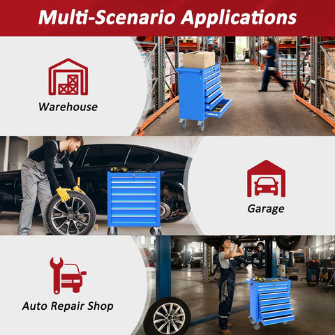 Badass Seven Drawer Rolling Tool Chest With Heavy Duty Swivel Wheels Portable Job Site Tool Cart And Secure Locking Steel Storage Cabinet Upgraded Cold Rolled Steel Build For Garage Workbench Blue