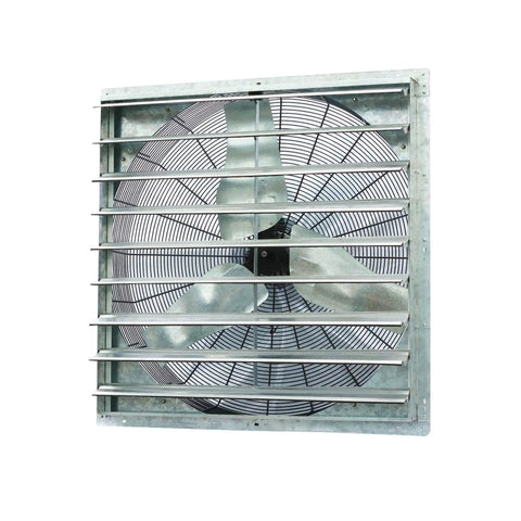 36 Inch Wall Mounted Exhaust Fan With Auto Shutter, Single Speed Vent, shown installed in silver with weather-resistant shutters.