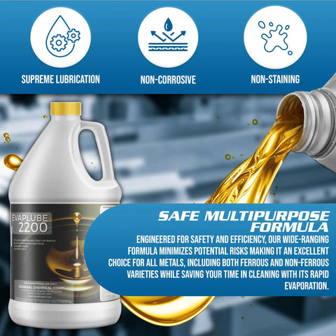 EvapLube 2200 Heavy Duty Penetrating Oil For Metal Multipurpose Lubricant With Easy Removal Large Capacity Spray Ideal For Industrial Metal Forming And Stamping 1 Gallon Jug displayed with oil pouring.