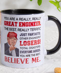 Engineer Mug 11 Oz For Men And Women Ceramic Coffee Cup Gift For Engineers On Christmas Father's Day Mother's Day Birthday Totally Boss Gift For Mechanical Civil Electrical Software Pros featuring humorous text and illustration.