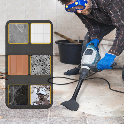 Person using rotary hammer with 5 Piece SDS Plus Tile Removal Chisel Set for masonry, concrete, brick, tile work visible