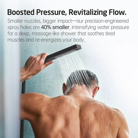 Man using Matte Black 10 Inch Rain Shower Head With Handheld Spray Shower System, wall mounted, boosting water pressure