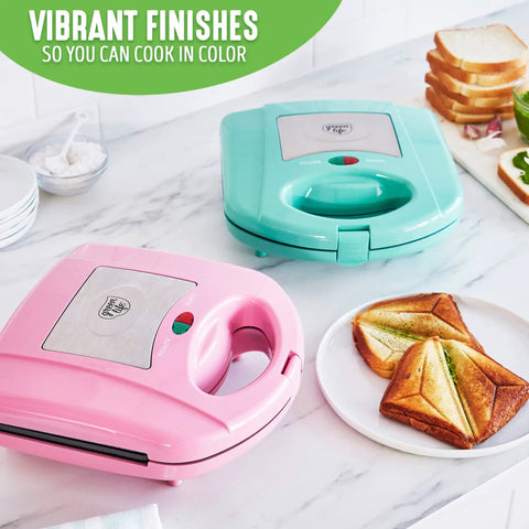Electric Waffle Maker And Panini Press With Ceramic Nonstick Plates For Grilled Cheese And Tuna Melts, Turquoise And Pink Finish