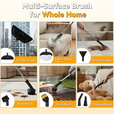 Multi-Surface Brush set for 2500W Portable Handheld Steam Cleaner delivering powerful 160C hot steam for cleaning.