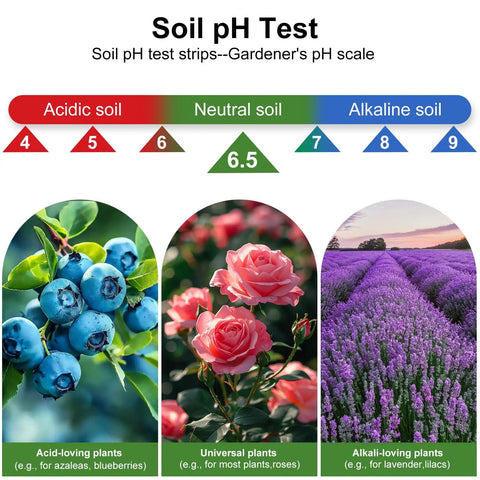 Gardener's pH scale with blueberry, rose, and lavender images showing acidic, neutral, and alkaline soil for 2-In-1 pH and Nitrogen Soil Test Kit With Strips For Lawn, Garden, Grass, Flowers and Vegetables, Quick and Easy Home Soil Testing To Dial In Balanced pH and Nitrogen Levels.