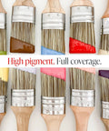 Multiple paintbrushes dipped in various colors showcasing high pigment and full coverage for art and furniture projects.