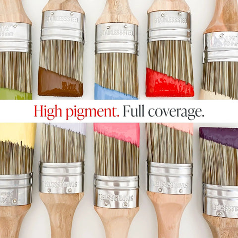 Multiple paintbrushes dipped in various colors showcasing high pigment and full coverage for art and furniture projects.