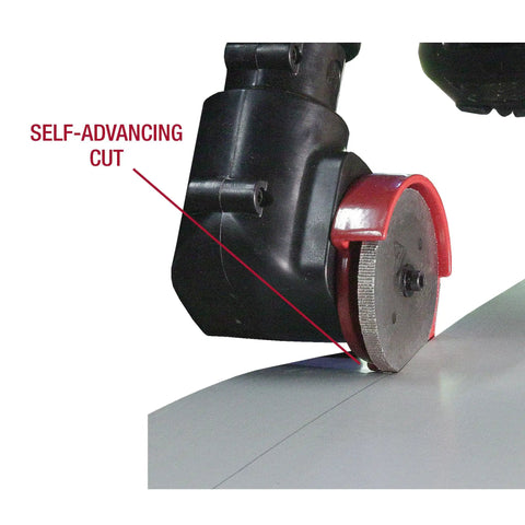 TurboShear TSPC1 Rotary Panel Cutter Drill Attachment cutting metal with dual cutting wheels, close-up view.