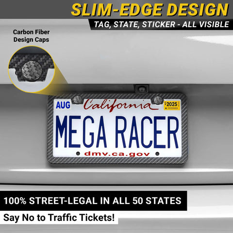 Fresh Black Carbon Fiber License Plate Frames Two Pack Slim Heavy Duty Auto Accessories Truck Car Universal Drop In Fit Street Legal Badass Vanity Upgrade with visible license plate and design caps.