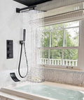 Badass Matte Black Wall Mount Shower Combo With Thermostatic Dial And Air Boost Tech Delivers Sick Rainfall Flow and handheld sprayer in premium bathroom.