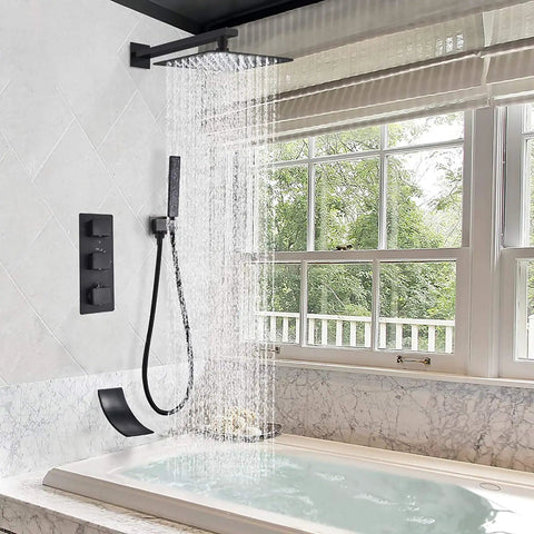 Badass Matte Black Wall Mount Shower Combo With Thermostatic Dial And Air Boost Tech Delivers Sick Rainfall Flow and handheld sprayer in premium bathroom.