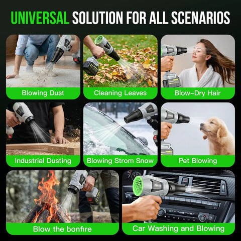 Cordless Leaf Blower Handheld Turbo Jet with adjustable speeds shown in various uses, including dusting, leaf blowing, car washing.