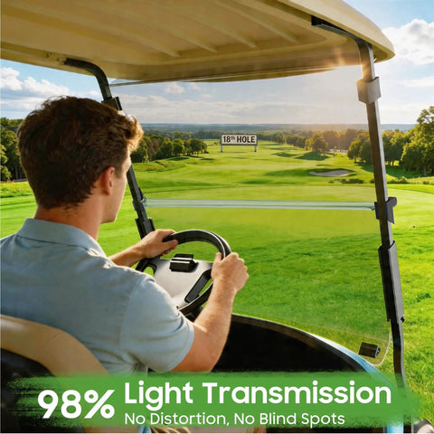 Heavy Duty Top Tier Golf Cart Windshield For Club Car Precedent Tempo Onward Two Thousand Four Up No Drill Straight Bolt On view from driver seat.