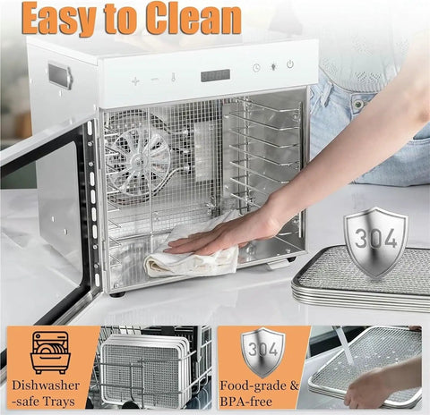 Top Shelf Electric Food Dehydrator Delivering Hella Steady Airflow For Smooth Jerky Fruit Vegetable Herb Drying And Long Lasting Storage With Massive Stainless Steel Trays, showcasing easy-to-clean interior and dishwasher-safe trays.