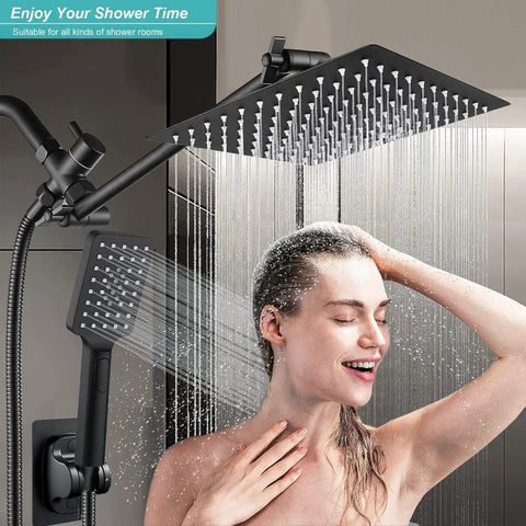 Beast High Pressure Rainfall Shower Head With Handheld Combo spraying water in matte black finish.
