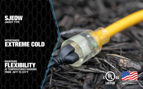 Polar Solar Extra Heavy Duty Outdoor Extension Cord with SJEOOW Jacket and Lighted End showing connection on wood chips.