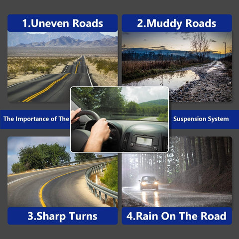 Collage showing the importance of suspension on uneven roads, muddy roads, sharp turns, and rain on the road for Honda CR-V 2007-2011.