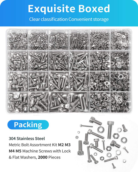 Go To Metric Screw And Bolt Kit With 2000 Pieces In M2 M3 M4 M5 Sizes Including Lock Washers Flat Washers And Nuts 304 Stainless Steel Hex Socket Head Cap Screws For Electronics And DIY Projects Bolts And Nuts Set Silver, shown organized in a transparent compartmentalized box with assorted screws and nuts.