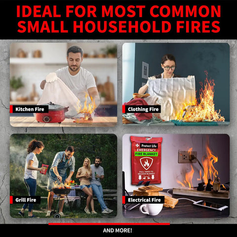 Two Pack 40x40 Inch Fiberglass Emergency Fire Blankets With Protective Gloves Wall Hooks And Storage Case For Home Kitchen Car Or Camping Fire Safety Kit For Quick Fire Suppression And Peace Of Mind shown in use for kitchen, clothing, grill, and electrical fires