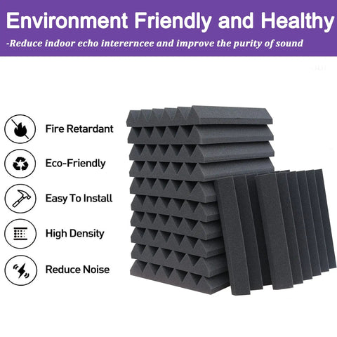 No Nonsense Heavy Duty 2X12 Acoustic Foam Squares And Soundproofing Bricks in black, stacked for sound absorption and echo reduction.