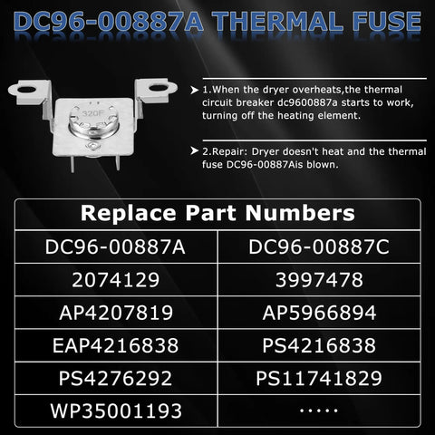 DC96-00887A thermal fuse chart and details for dryer repairs and part replacements.