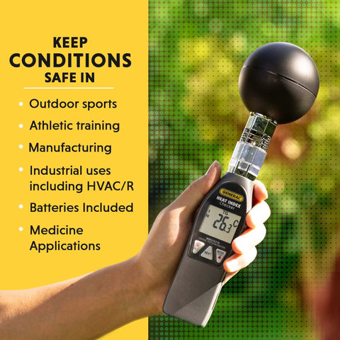 Hand holding Pro Grade Heat Index Monitor With Wet Bulb Globe Temperature Gauge And Brass Ball showing 26.3°C.