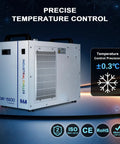 Heavy Duty Workhorse Water Chiller Featuring Seven Liter Tank And Point Nine Horsepower Pump Delivering Bulletproof Five Thousand Six Hundred Ninety Nine BTU Per Hour Cooling For Up To One Fifty Watt Co2 Laser Machines, compact design.