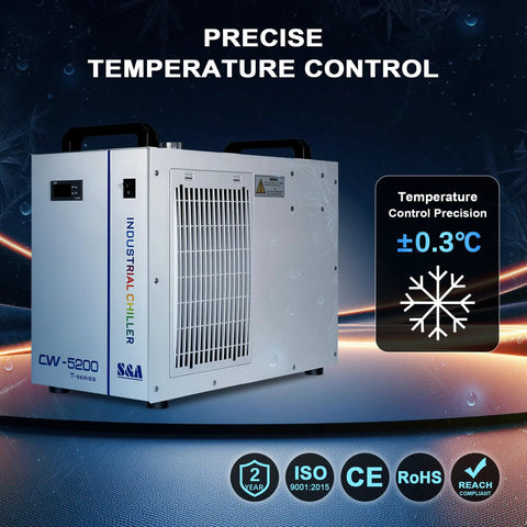 Heavy Duty Workhorse Water Chiller Featuring Seven Liter Tank And Point Nine Horsepower Pump Delivering Bulletproof Five Thousand Six Hundred Ninety Nine BTU Per Hour Cooling For Up To One Fifty Watt Co2 Laser Machines, compact design.