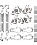 Rock Solid Heavy Duty 6 Inch Sun Shade Sail Hardware Kit Made From 304 Stainless Steel 40 Pieces Ready For Triangle Or Rectangle Outdoor Patio Canopy Garden Install Built To Last With Sturdy Mounting Hardware displayed with turnbuckles, pad eyes, hooks, and screws.