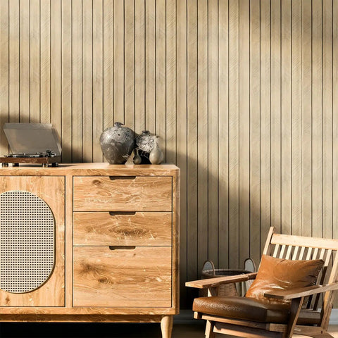 Effortless Peel And Stick 3D Wall Panels Self Adhesive Soundproof Removable PVC Slat Tiles Dark Brown Wood Grain on herringbone wall.