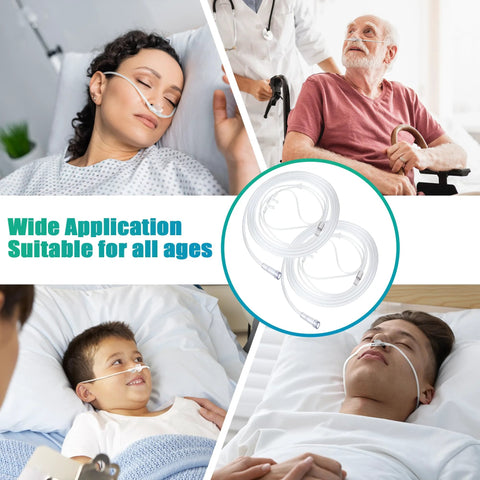 Anglechic nasal cannula set for adults; 7 ft clear soft tubing with curved nosepiece and 10 connectors, collage of multiple views