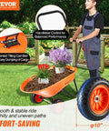 Heavy Duty Workhorse Garden Dump Cart With 5 Cu Ft Load And 397 Lb Capacity Two Wheel Wheelbarrow Easy Dump Design 10 Inch Wide Track Wheels Yard Wagon With Handle For Outdoor Lawn And Yard Use, showing orange cart in a garden with soil and plants, emphasizing tilt bed and handlebar features.
