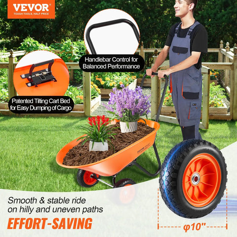 Heavy Duty Workhorse Garden Dump Cart With 5 Cu Ft Load And 397 Lb Capacity Two Wheel Wheelbarrow Easy Dump Design 10 Inch Wide Track Wheels Yard Wagon With Handle For Outdoor Lawn And Yard Use, showing orange cart in a garden with soil and plants, emphasizing tilt bed and handlebar features.