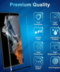 Galaxy S22 Ultra Screen Protector And Lens Guard Bundle, HD tempered glass front view with features icons displayed.