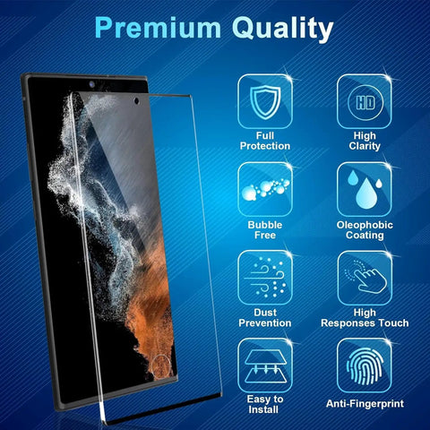 Galaxy S22 Ultra Screen Protector And Lens Guard Bundle, HD tempered glass front view with features icons displayed.