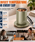 Gotta Have This Self Stirring Heated Coffee Mug With 10 Oz Auto Magnetic Mixing Cup Sage Green showing temperature settings for drinks.