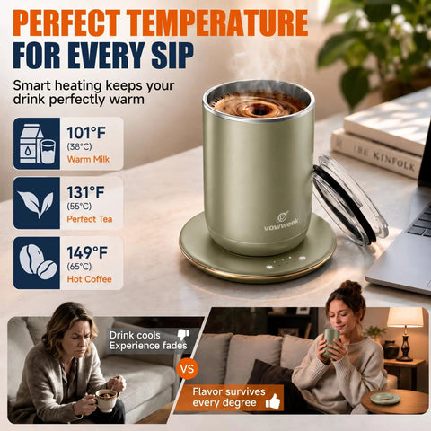 Gotta Have This Self Stirring Heated Coffee Mug With 10 Oz Auto Magnetic Mixing Cup Sage Green showing temperature settings for drinks.