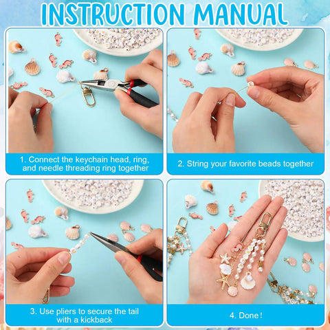 Instruction manual for Seashell Keychain Making Kit with 776 pieces including alphabet beads, white pearls, and pink shells.