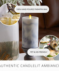 Realistic Marble Candles With Moving Flame LED Lights Battery Operated Unscented Remote Ready Not Included Create Cozy Vibes In Any Room 3.25 Inch Diameter 6.5 Inch Height displayed on a indoor table with decor