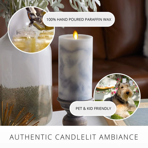 Realistic Marble Candles With Moving Flame LED Lights Battery Operated Unscented Remote Ready Not Included Create Cozy Vibes In Any Room 3.25 Inch Diameter 6.5 Inch Height displayed on a indoor table with decor