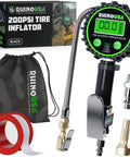 Rhino USA digital tire inflator gauge with 0–200 PSI, stainless braided hose and brass fittings, includes carry bag