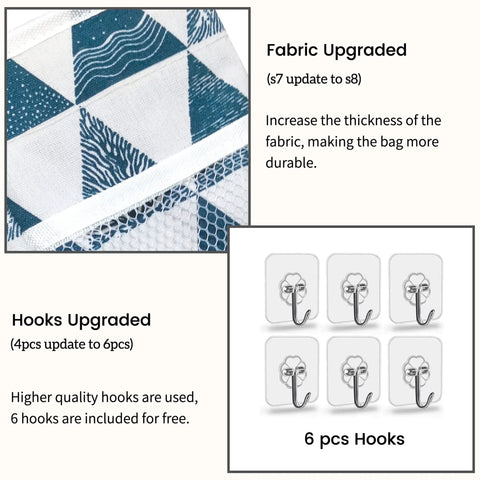 Close-up of 3 Piece Large Wall Hanging Organizer Set with linen fabric and 6 hooks, triangle design detail shown.