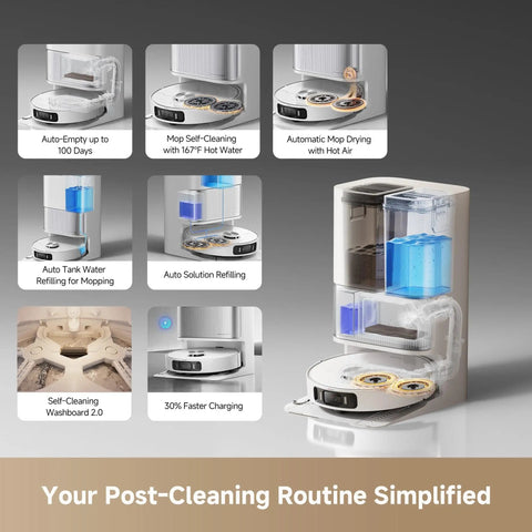 L40s Ultra AE Robot Vacuum And Mop with 19,000Pa suction, self-emptying dock, mop station, diverse brush options and cleaning base