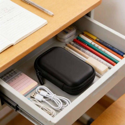 Hassle Free Waterproof Cable Organizer Pouch With Plush Velvet Interior Keeps Your Gear Secure And Scratch Free Simple Toss In Bag Case For Phone Chargers Earbuds And Cables On The Move in a desk drawer.